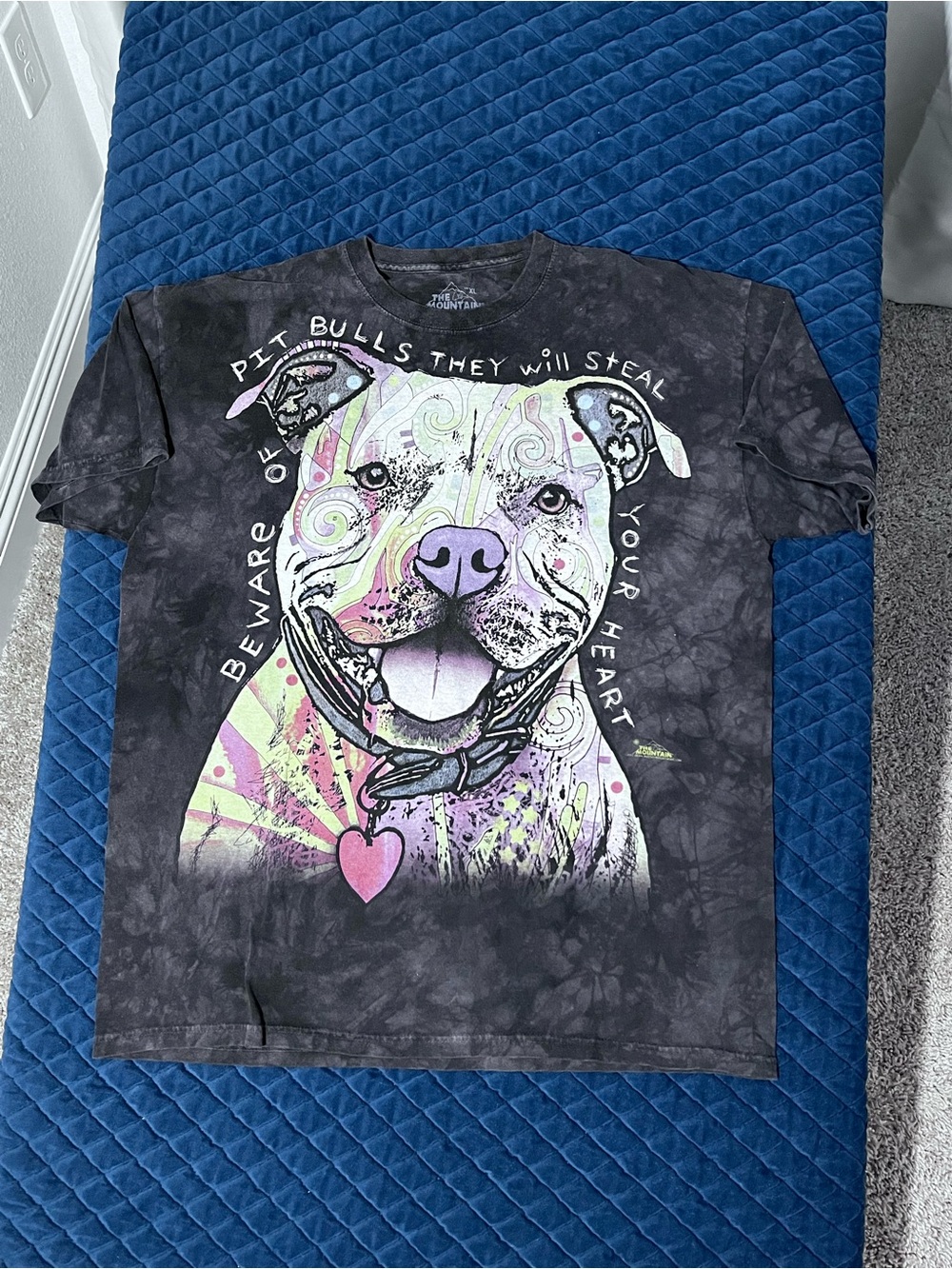 The Mountain Black Tee with Pastel Pink, Purple & Mint Pit Bull Graphic - Sz XL